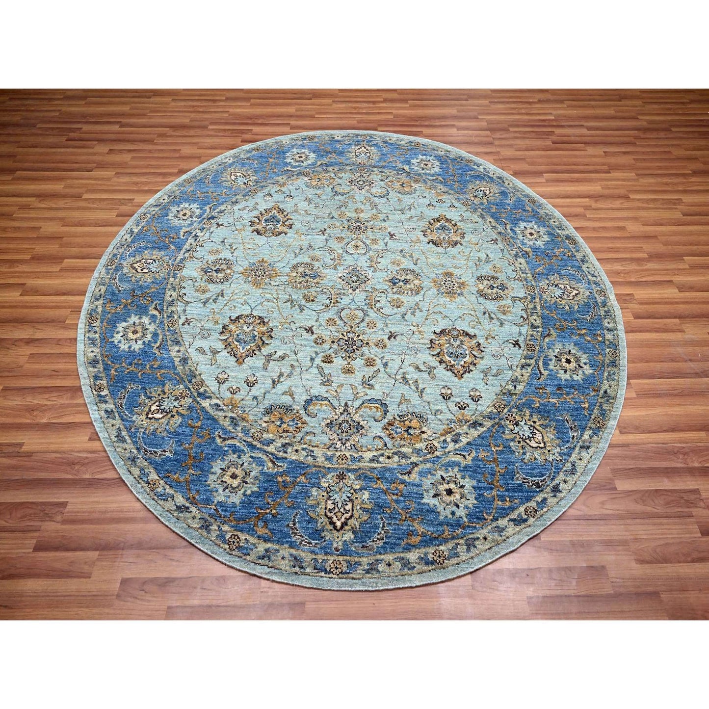 Blue round rug pure wool hand knotted flower design shah abbas blue.