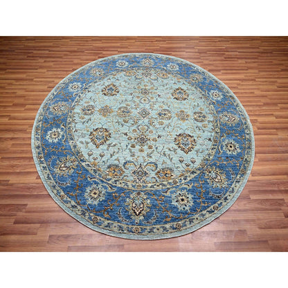 Blue round rug pure wool hand knotted flower design shah abbas blue.