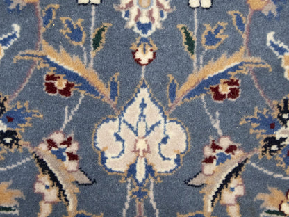 Blue-Gray Indo-Nain Wool Runner Rug Floral