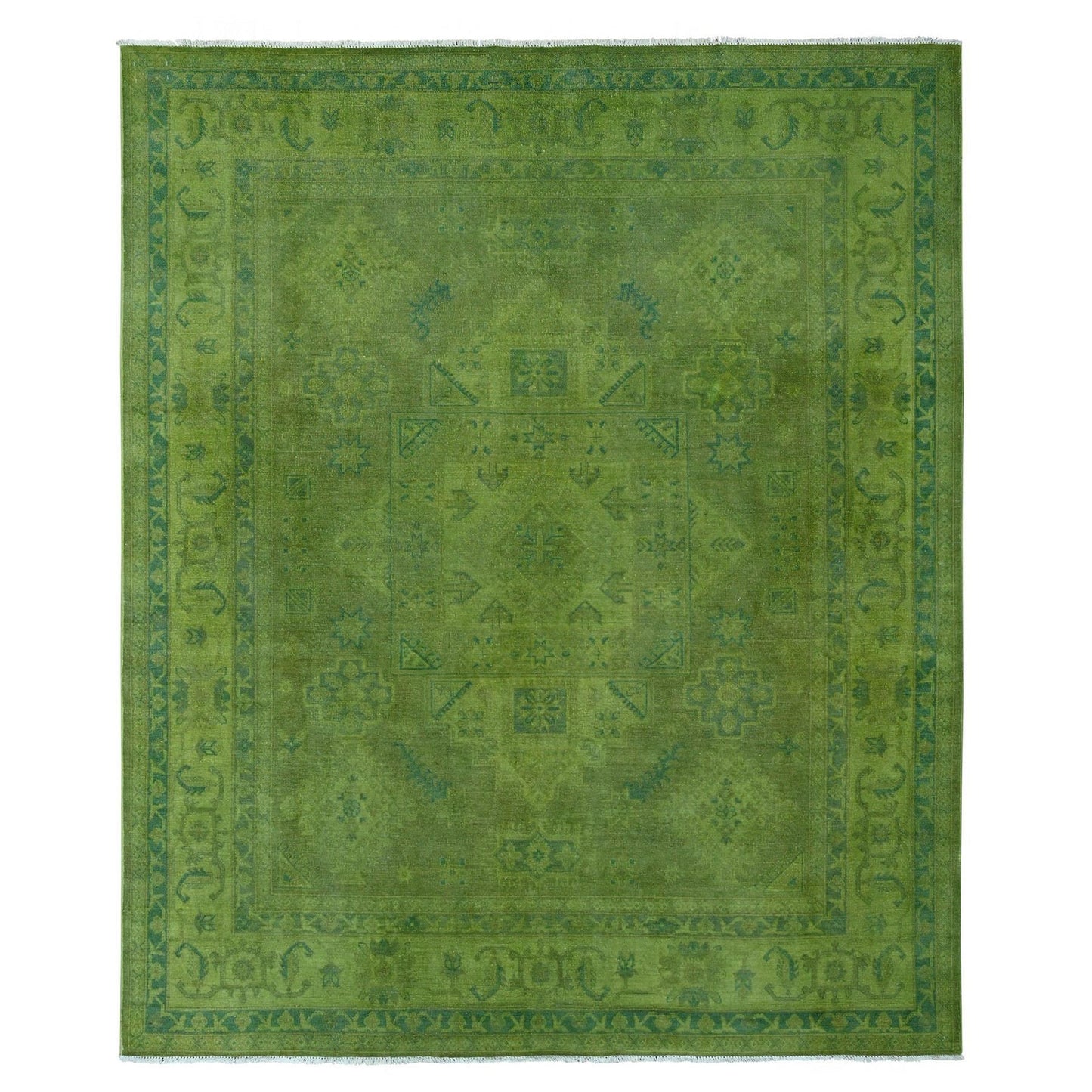 8'X9'6" Green Overdyed Kazak Geometric Pattern Hand Knotted Pure Wool Rug