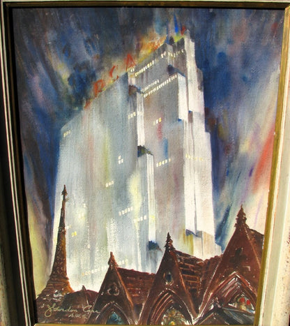 J. Gordon Carr A.W.S. Watercolor Painting "Rca Building" Nyc Signed Framed