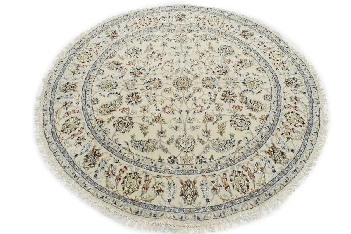 Extra Fine Hand-Knotted Indo-Nain Round Rug 6X6 ft Cream Floral