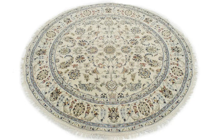 Extra Fine Hand-Knotted Indo-Nain Round Rug 6X6 ft Cream Floral