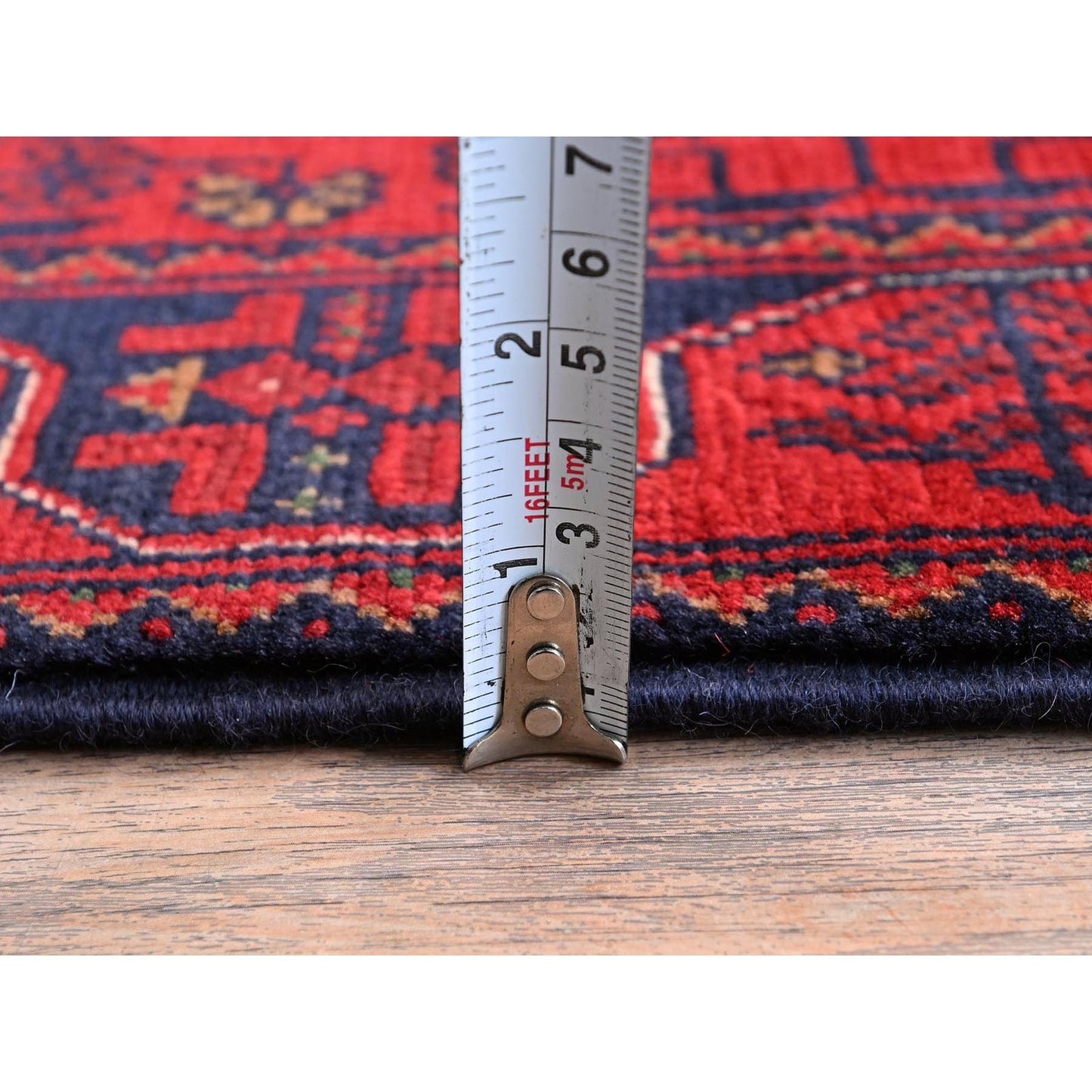 1'8"X4'9" Red Hand Knotted Afghan Khamyab Geometric Pattern Wool Runner Rug