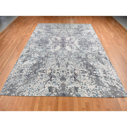 9'10''X13'7'' Gray Modern Abstract Design Hand Knotted Wool And Silk Rug