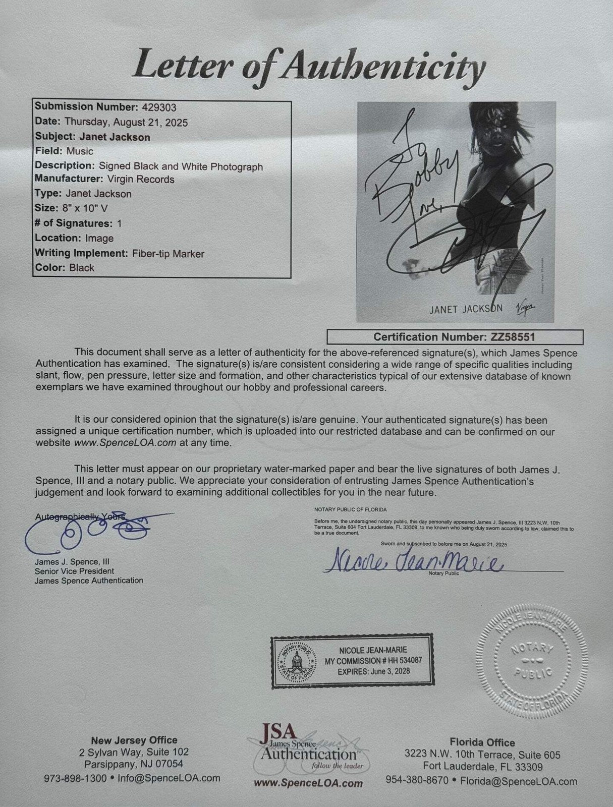 Janet Jackson Autographed 8X10 Celebrity Photo (Jsa)