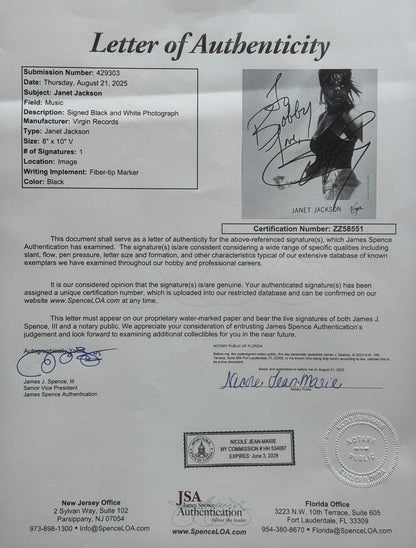 Janet Jackson Autographed 8X10 Celebrity Photo (Jsa)