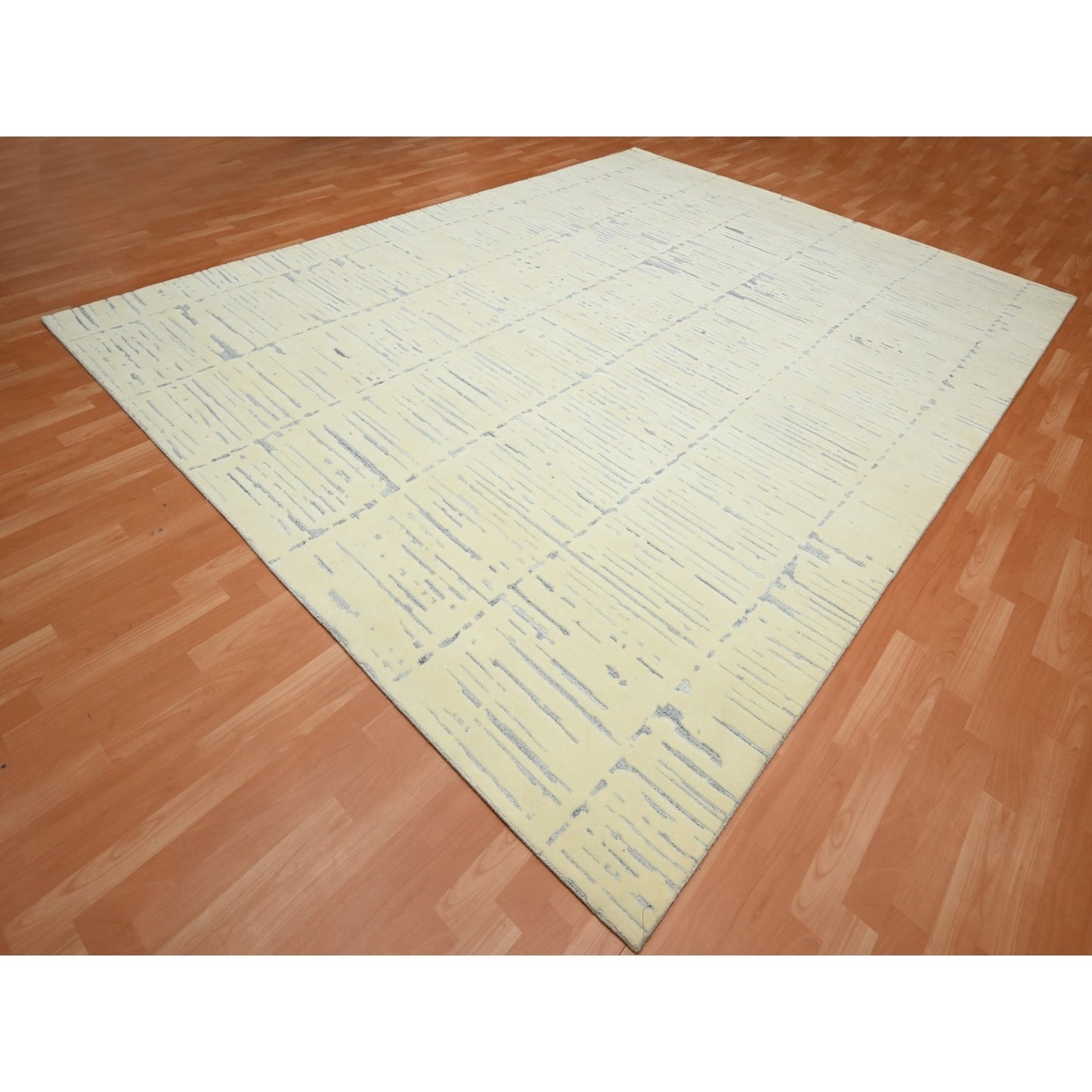 9'X12' White Modern Design Textured Weave Wool & Silk Hand Knotted Rug