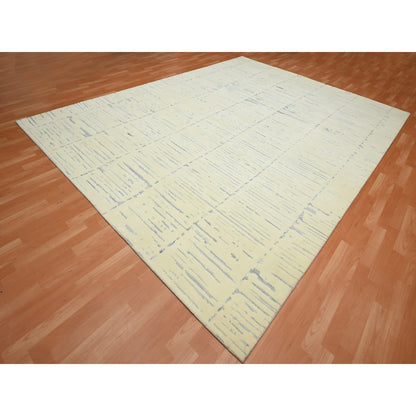 9'X12' White Modern Design Textured Weave Wool & Silk Hand Knotted Rug