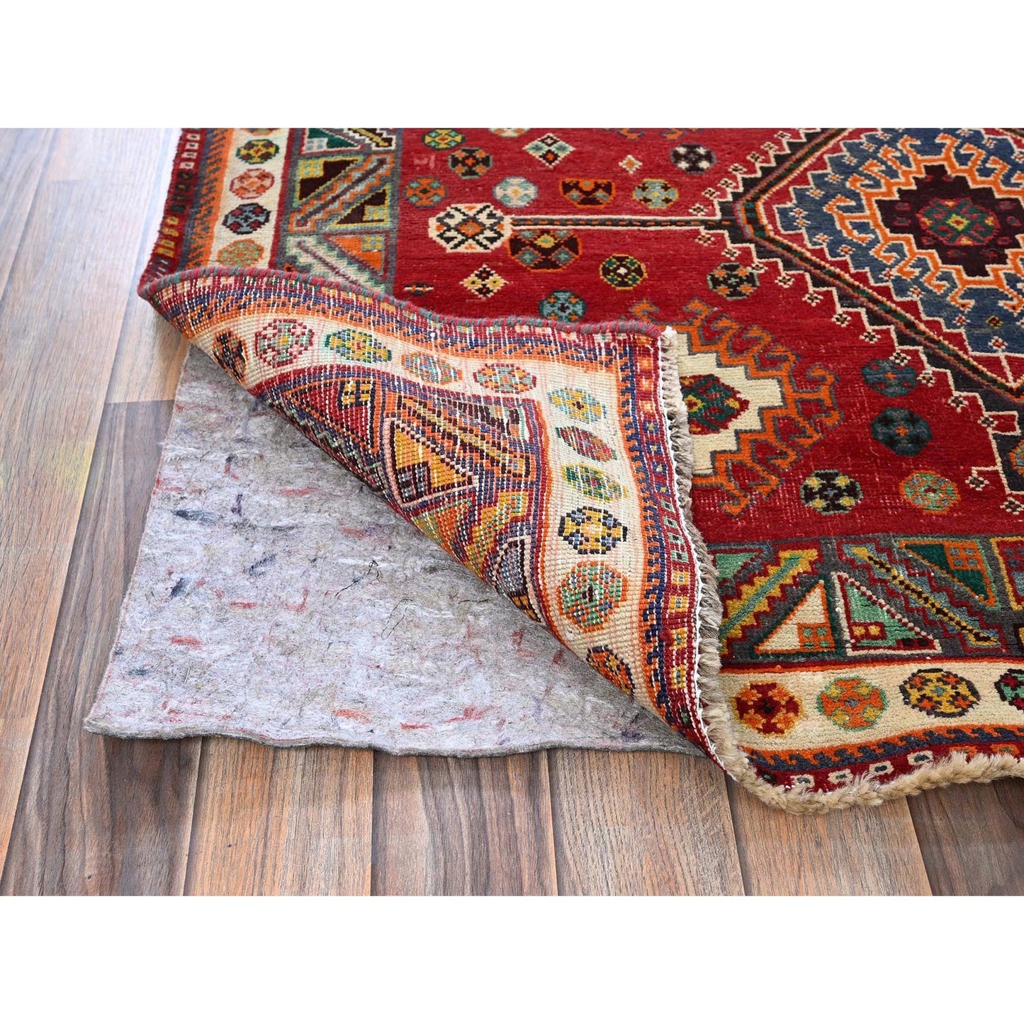 4'1"X6'6" Red Vintage Zoroastrian Geometric Design Hand Knotted Wool Rug