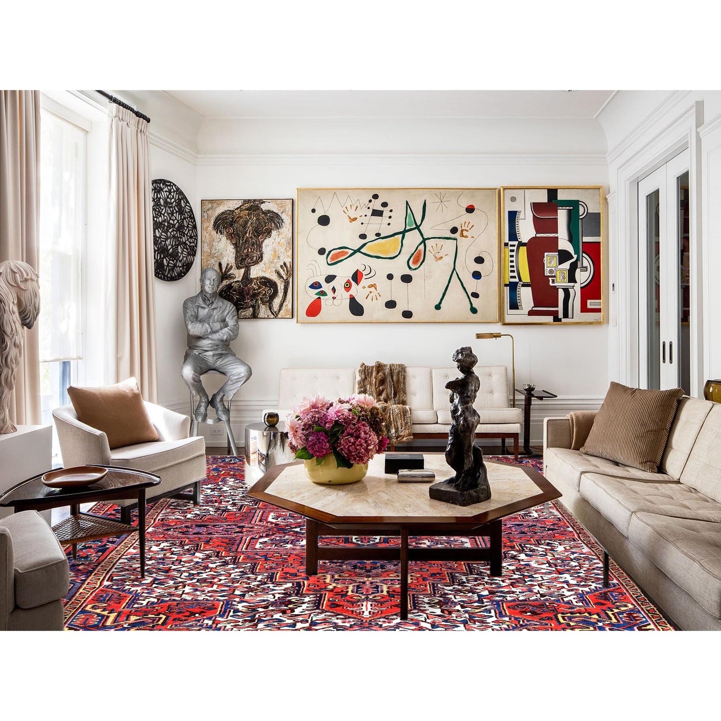 7'4"X10'2" Red Hand Knotted Vintage Oriental Heris Village Motifs Rug