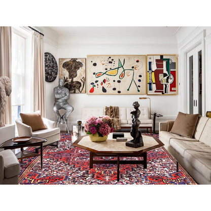 7'4"X10'2" Red Hand Knotted Vintage Oriental Heris Village Motifs Rug