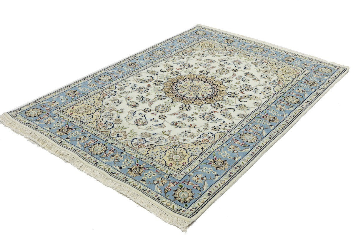 5X7 Handmade Indo-Nain Oriental Rug Cream Light Blue Floral Medallion Carpet
