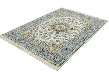 5X7 Handmade Indo-Nain Oriental Rug Cream Light Blue Floral Medallion Carpet