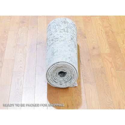 2'6"X12'1" Dense Weave Abstract Design Wool And Silk Hand Made Runner Rug