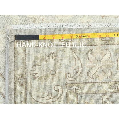 2'9"X9'7" Ivory Hand Knotted Afghan Stone Washed Peshawar Wool Runner Rug