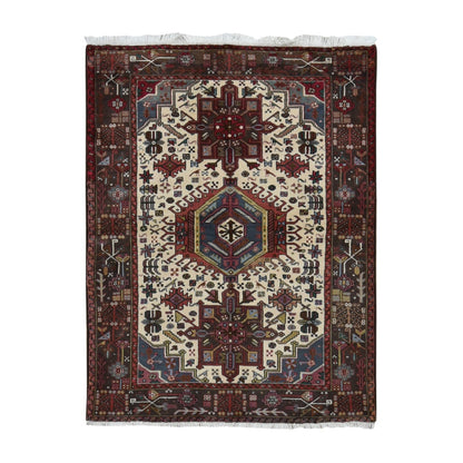 5'1"X6'7" Ivory Zoroastrian Karjihooz Hand Knotted Pure Wool Rug