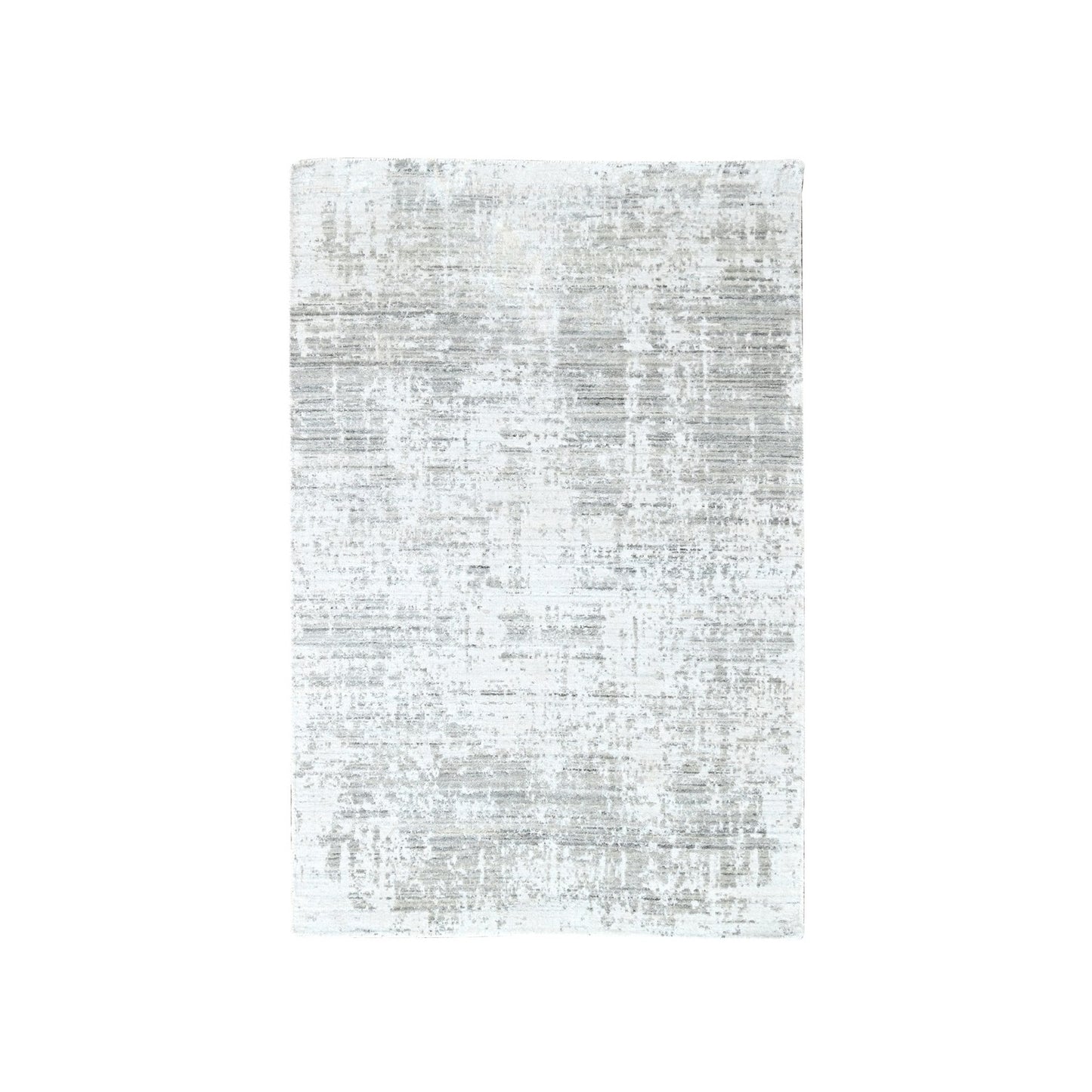 4'X6' White With Gray Modern Design Hand Loomed Wool And Bamboo Silk Rug