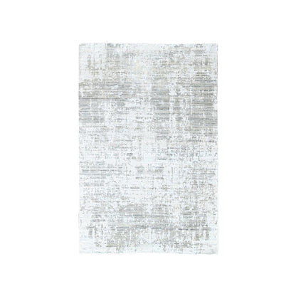 4'X6' White With Gray Modern Design Hand Loomed Wool And Bamboo Silk Rug