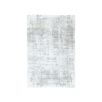 4'X6' White With Gray Modern Design Hand Loomed Wool And Bamboo Silk Rug