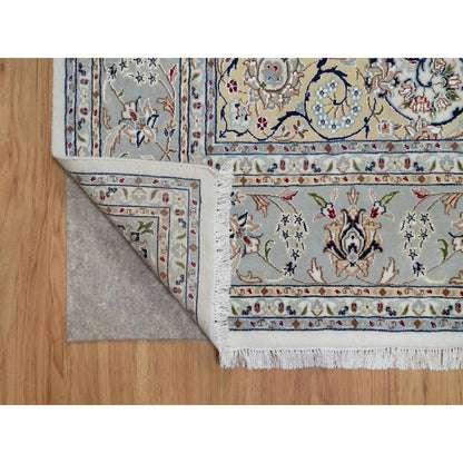 7'8"X10'2" Daisy White Nain Floral Design Hand Knotted Wool And Silk Rug