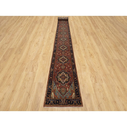 2'7"X28' Red Hand Knotted Antiqued Heri Re-Creation Wool Xl Runner Rug