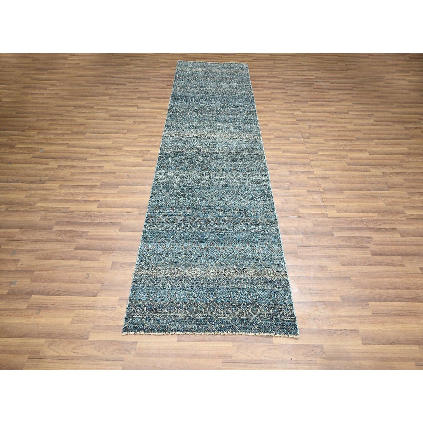 3'X9'9" Blue Repetitive Diamond Design Soft Wool Hand Knotted Runner Rug