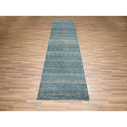 3'X9'9" Blue Repetitive Diamond Design Soft Wool Hand Knotted Runner Rug