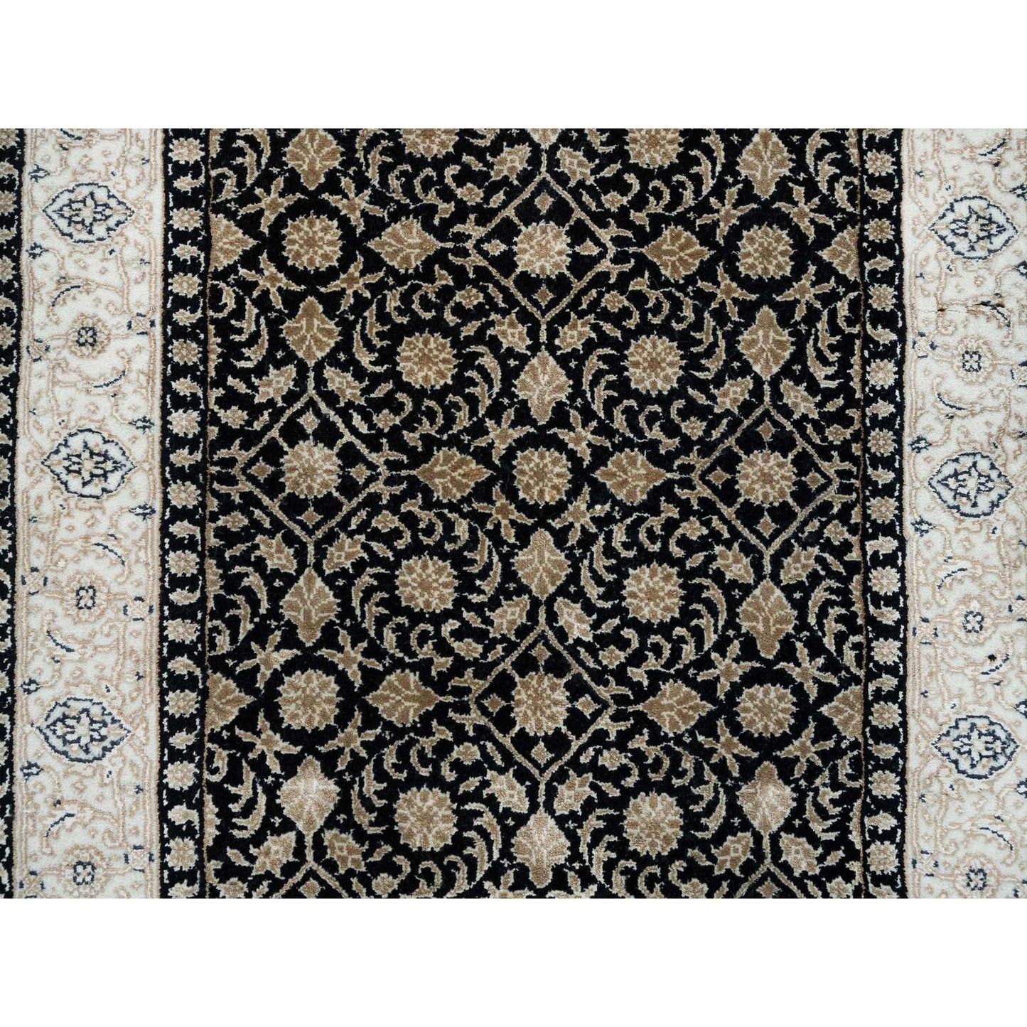 2'5"X4'7" Black Hand Knotted Herrita Design 250 Kpsi Pure Wool Rug