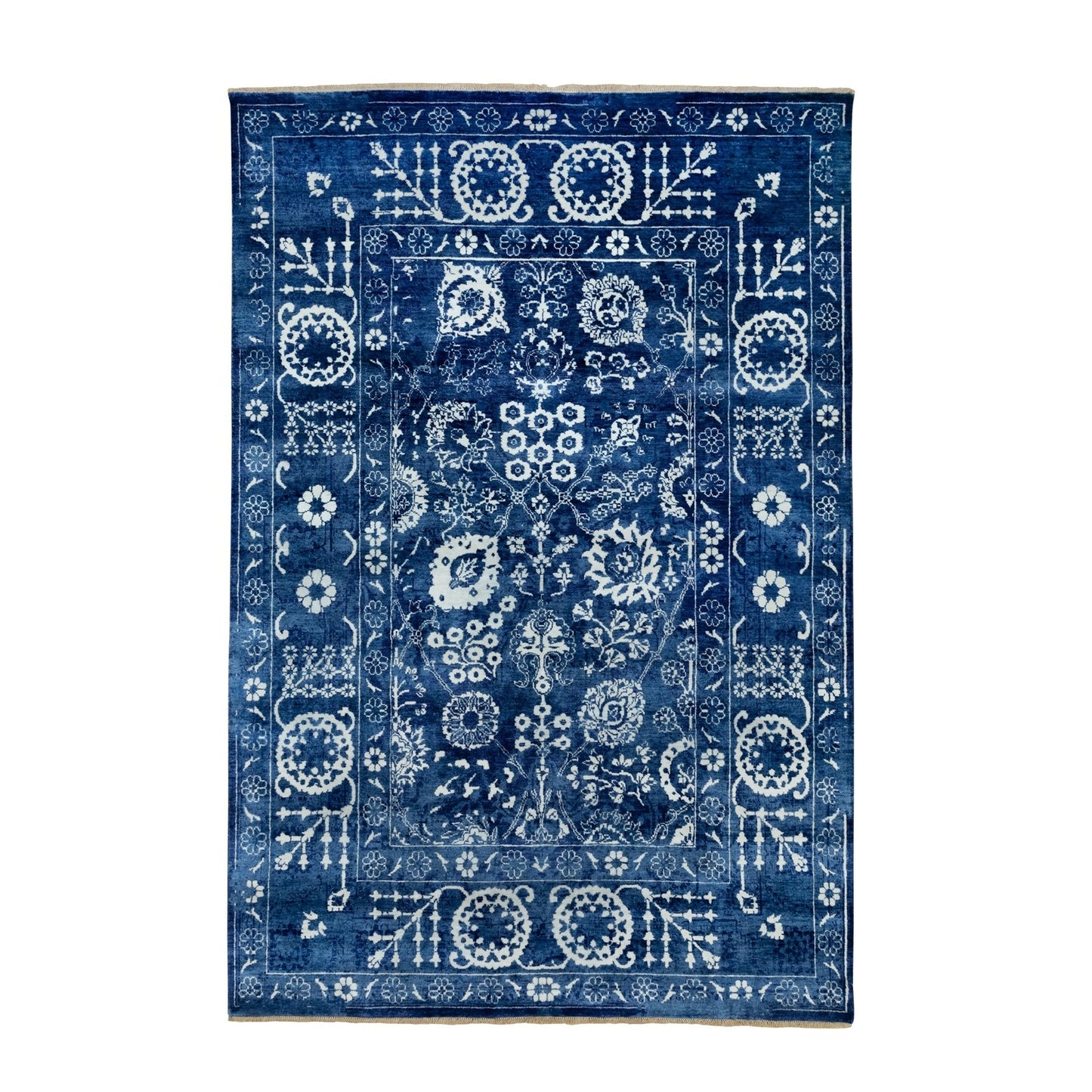 6'2"X9' Blue Hand Knotted Tone On Tone Wool And Silk Oriental Rug