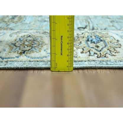 2'7"X22' Sky Blue Hand Knotted Agra Flower Design Pure Wool Xl Runner Rug