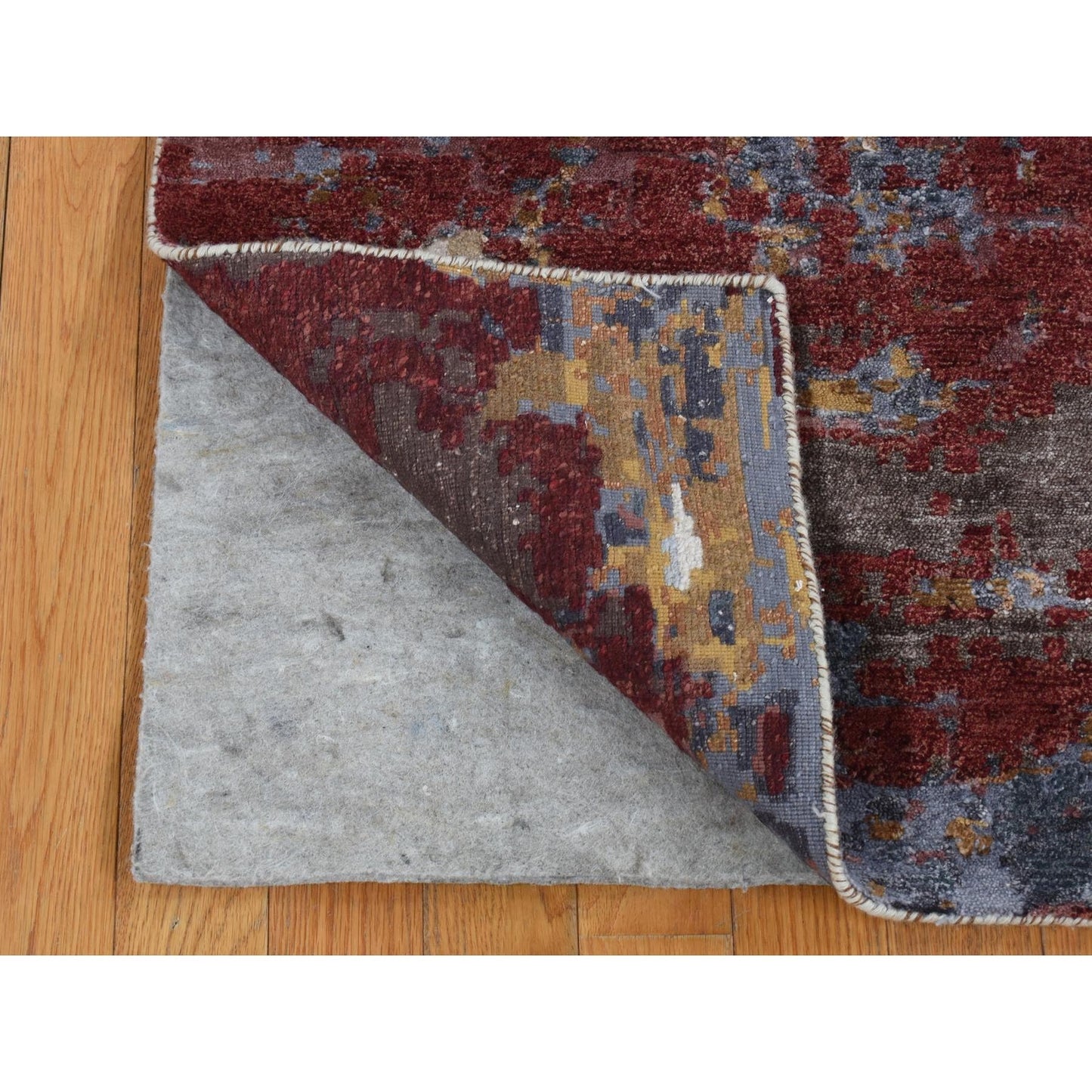 2'7"x8'1" Red Wool and Silk Abstract Design Hand Knotted Runner Rug
