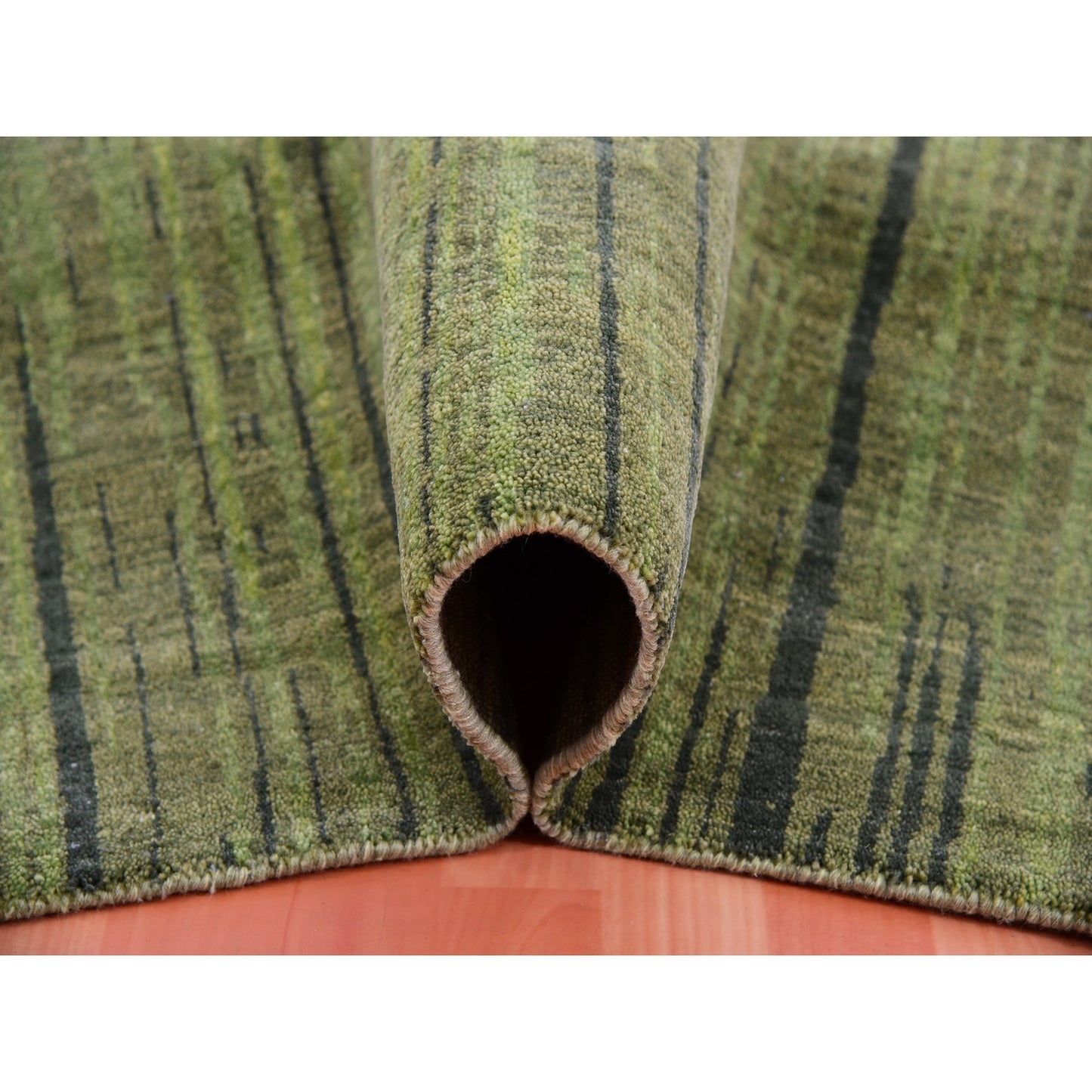 10'X14'4" Herbal Green Hand Knotted Vertical Ombre Design Soft Wool Rug