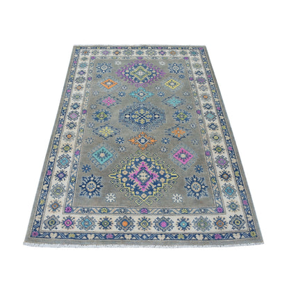 3'10"X5'9" Colorful Gray Fusion Kazak Pure Wool Hand Knotted Oriental Rug