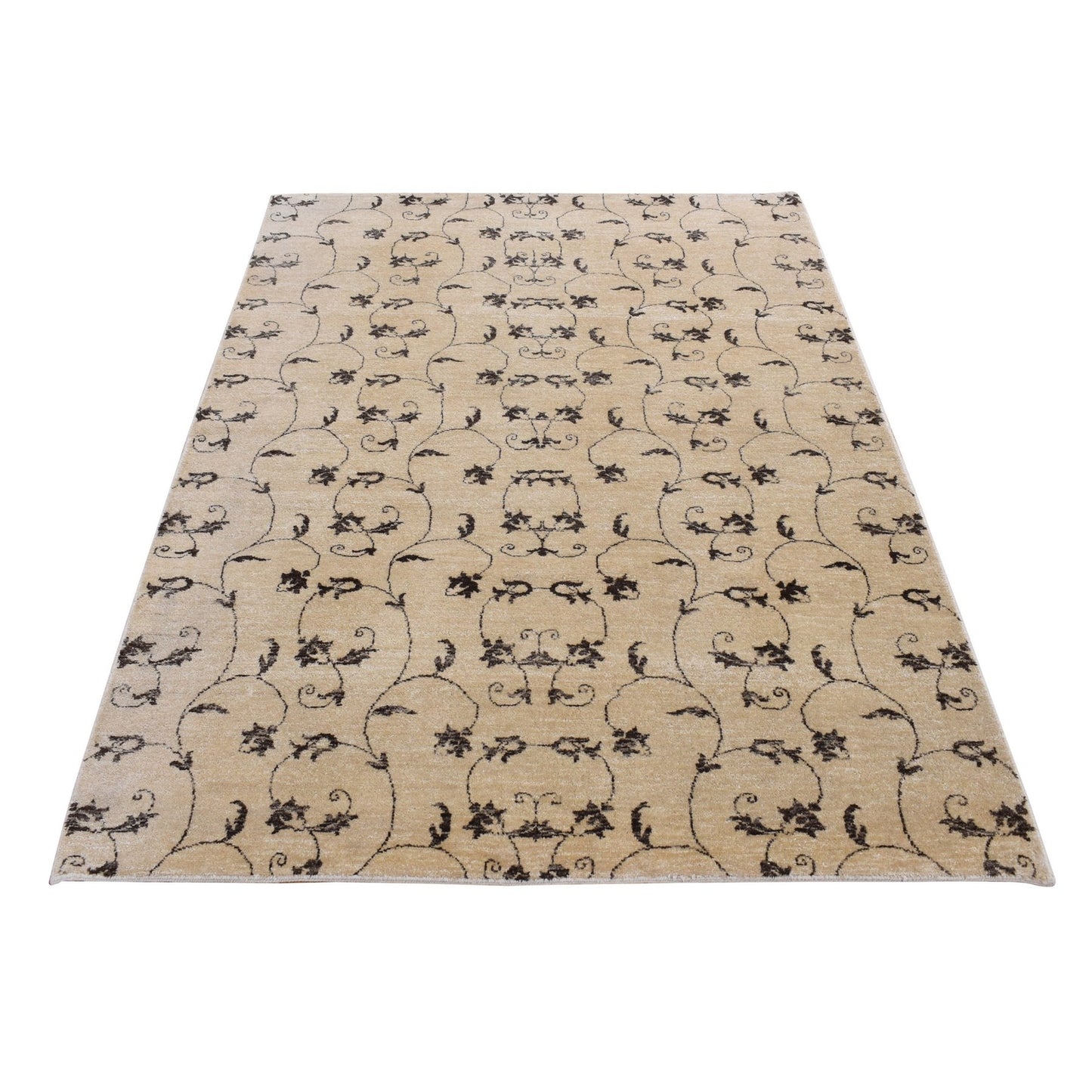 4'7"X6'4" Beige, Scroll And Branch Design, Hand Knotted Pure Wool Rug