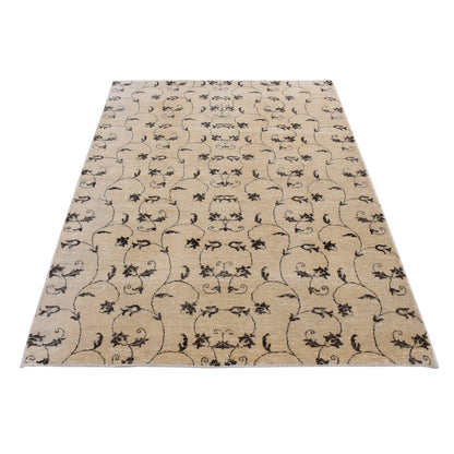 4'7"X6'4" Beige, Scroll And Branch Design, Hand Knotted Pure Wool Rug