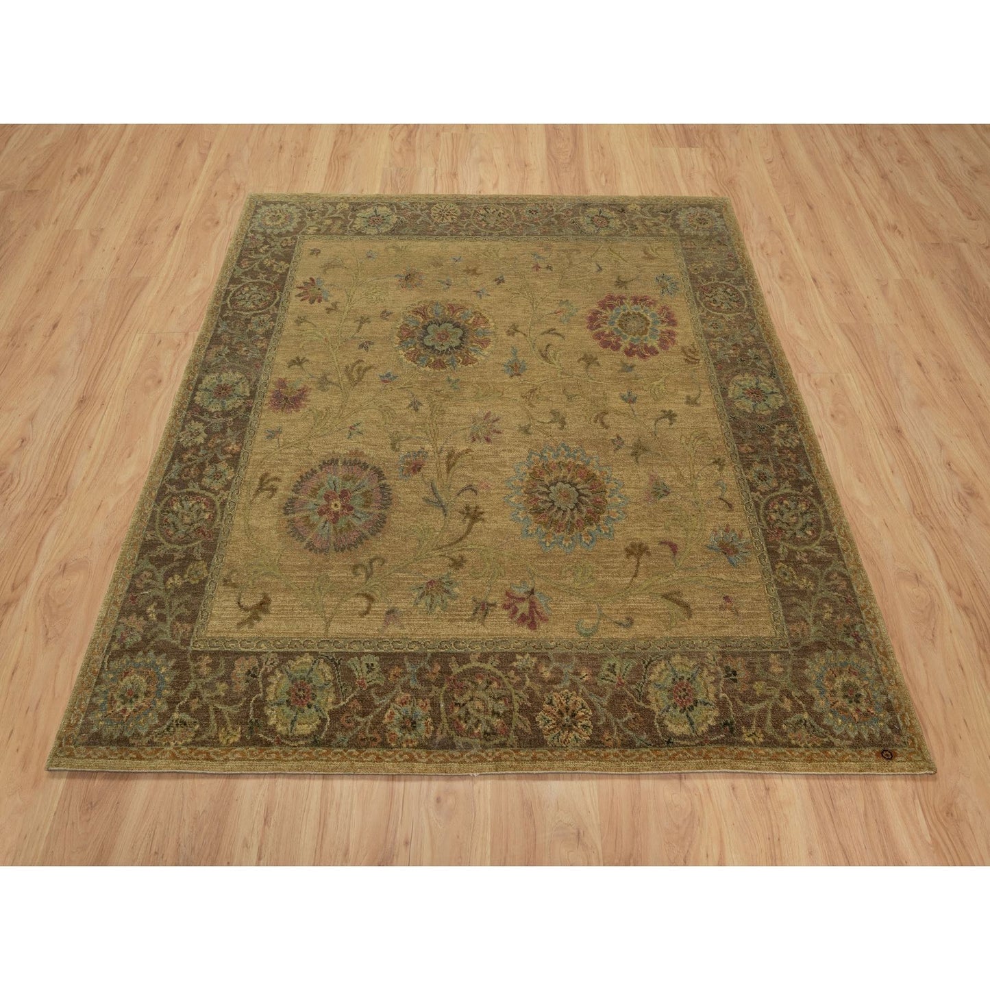 5'5"X5'10" Brown Botanical Design Himalayan Wool Hand Knotted Square Rug