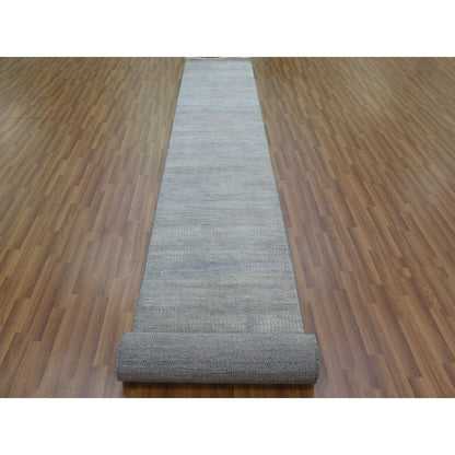 2'7"X15'5" Blue Modern Grass Design Wool And Silk Hand Knotted Runner Rug