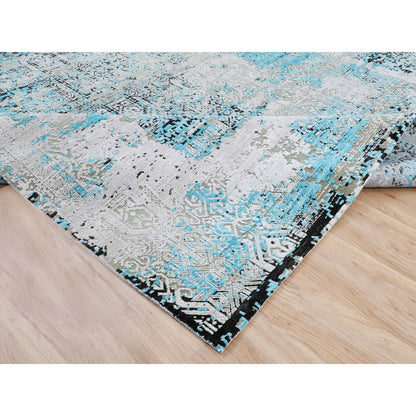8'9"X11'10" Teal Blue Jewellery Design Silk With Textured Wool Rug