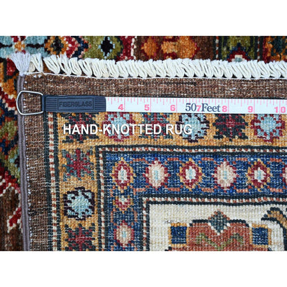 6'X8'10" Brown Hand Knotted Geometric Pattern Super Kazak Oriental Rug