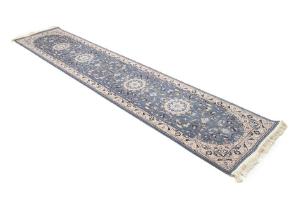 Blue-Gray Indo-Nain Wool Runner Rug Floral
