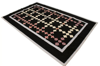 Black floral dhurrie wool rug flat weave reversible oriental carpet