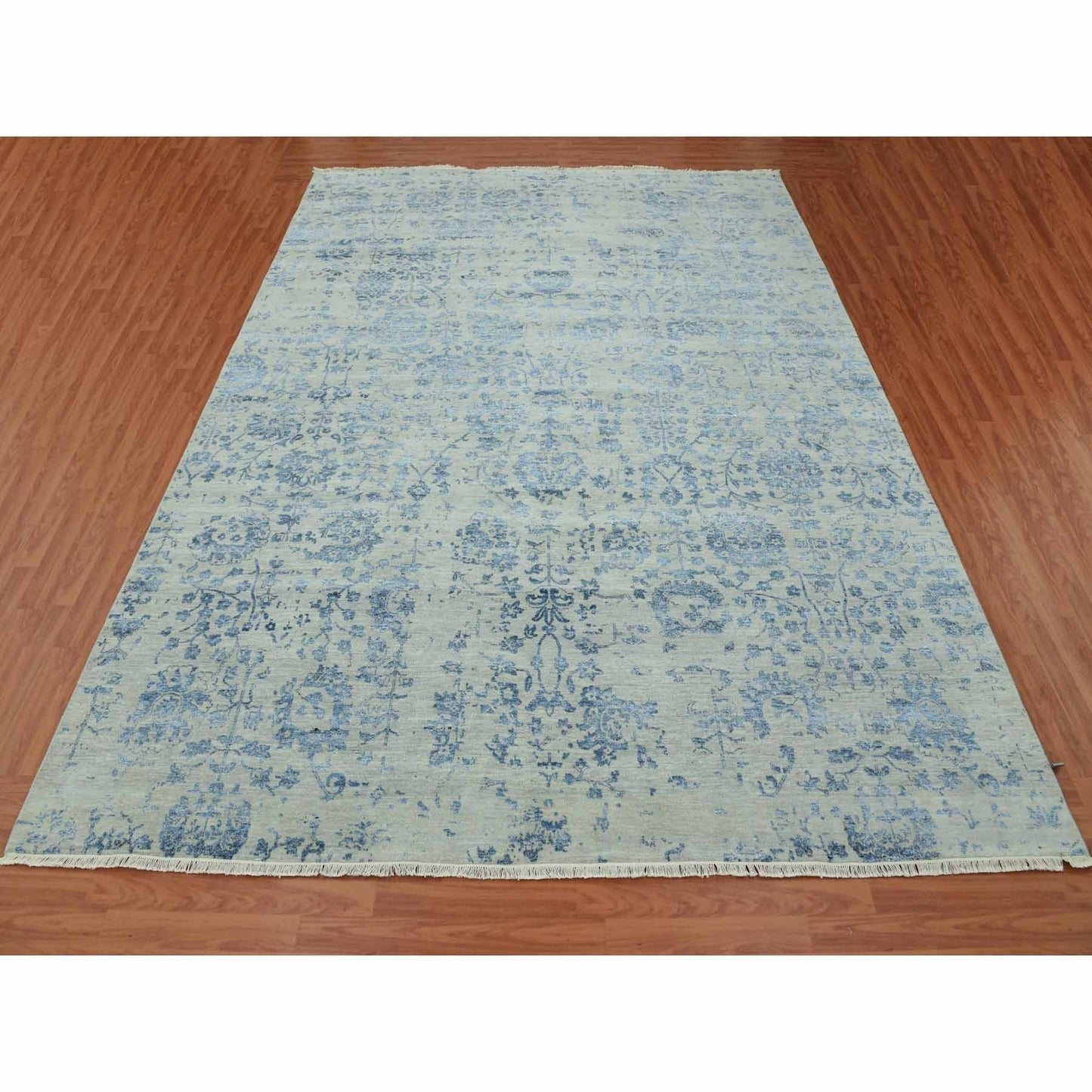 Rug 10'x13'8" Silver Zoroastrian Vase Design Wool and Silk Hand Knotted