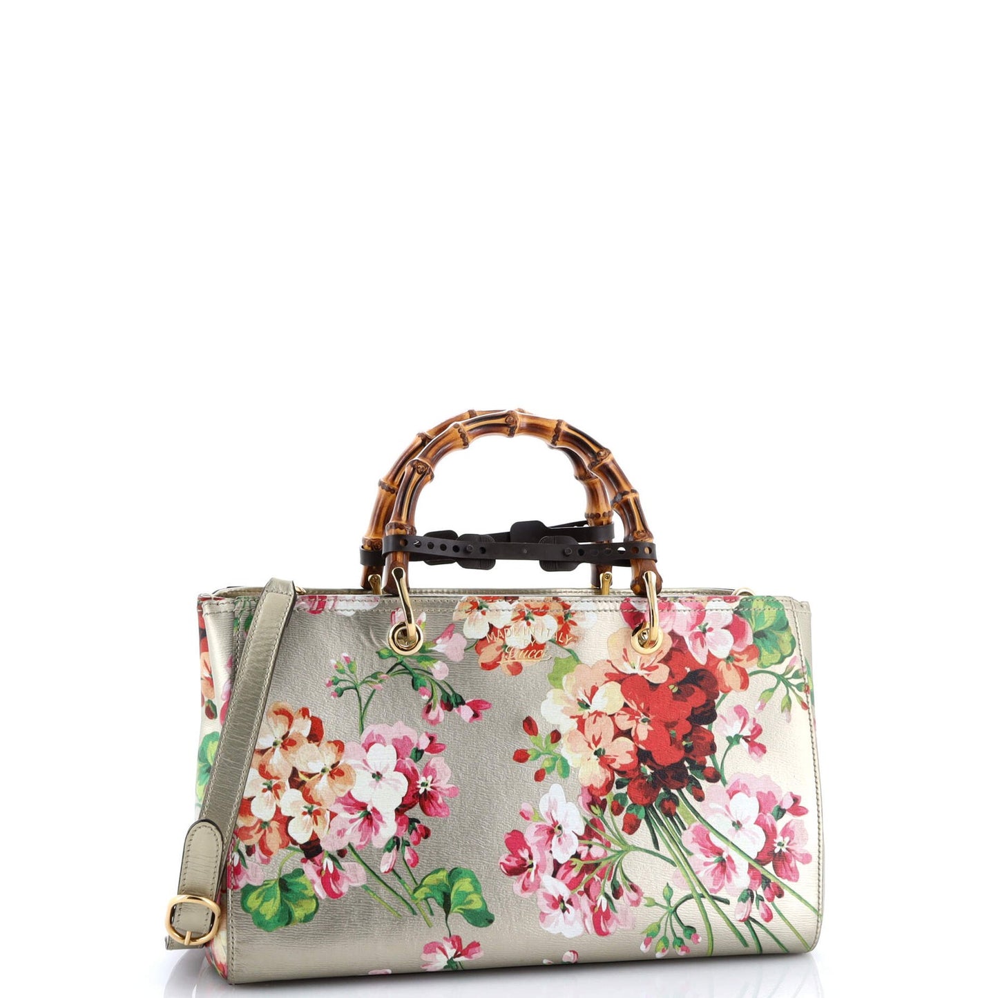 Gucci Bamboo Shopper Tote Blooms Print Leather Medium