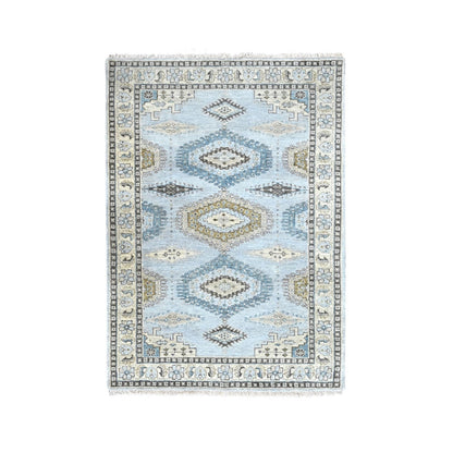 4'1"X6' Gray Village Inspired Geometric Design Pure Wool Hand Knotted Rug