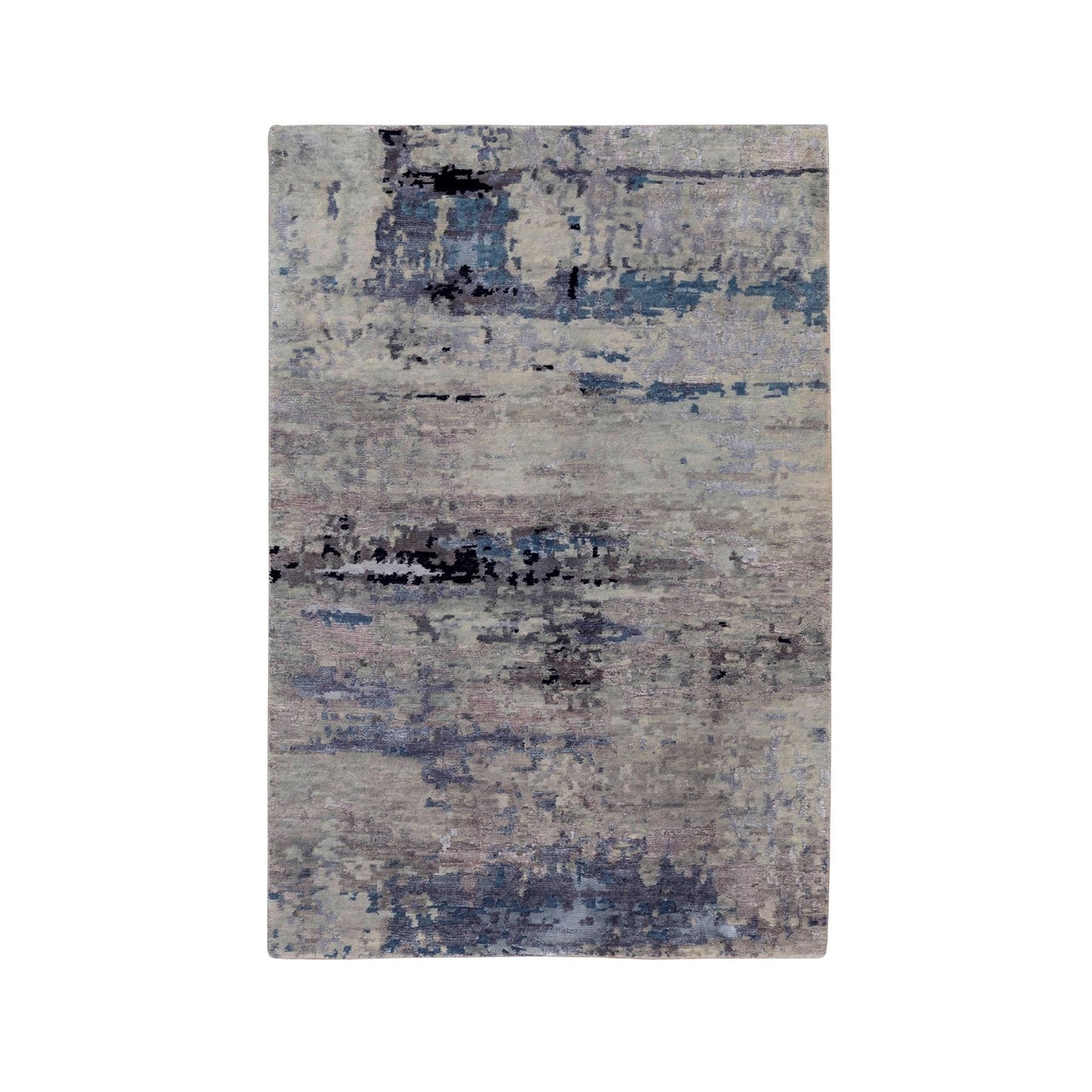 3'X4'10" Abstract Design Silver-Blue Modern Hand Knotted Wool & Silk Rug