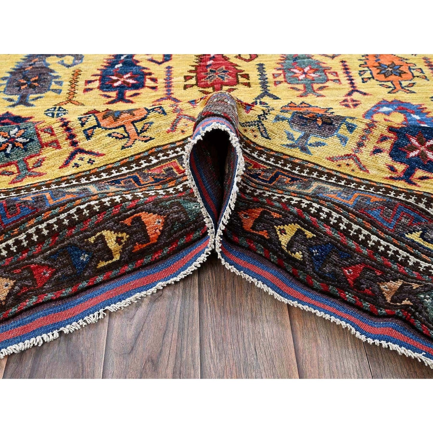 6'1"X8'10" Yellow Afghan Caucasian Design Revival Hand Knotted All Wool Rug