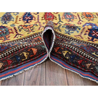 6'1"X8'10" Yellow Afghan Caucasian Design Revival Hand Knotted All Wool Rug