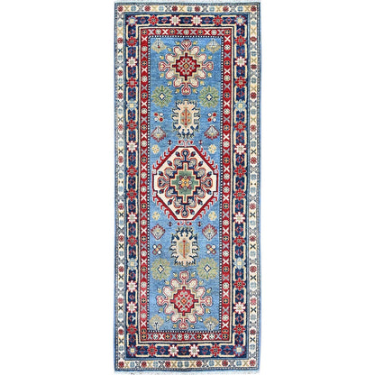 2'7"X6'7" Blue Kazak With Tribal Design Soft Wool Hand Knotted Runner Rug