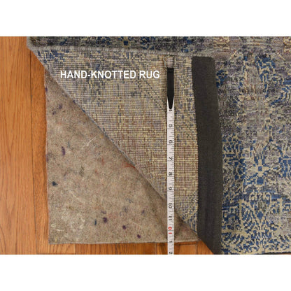 3'X5' Blue Erased Rosette Design Silk With Wool Hand Knotted Rug